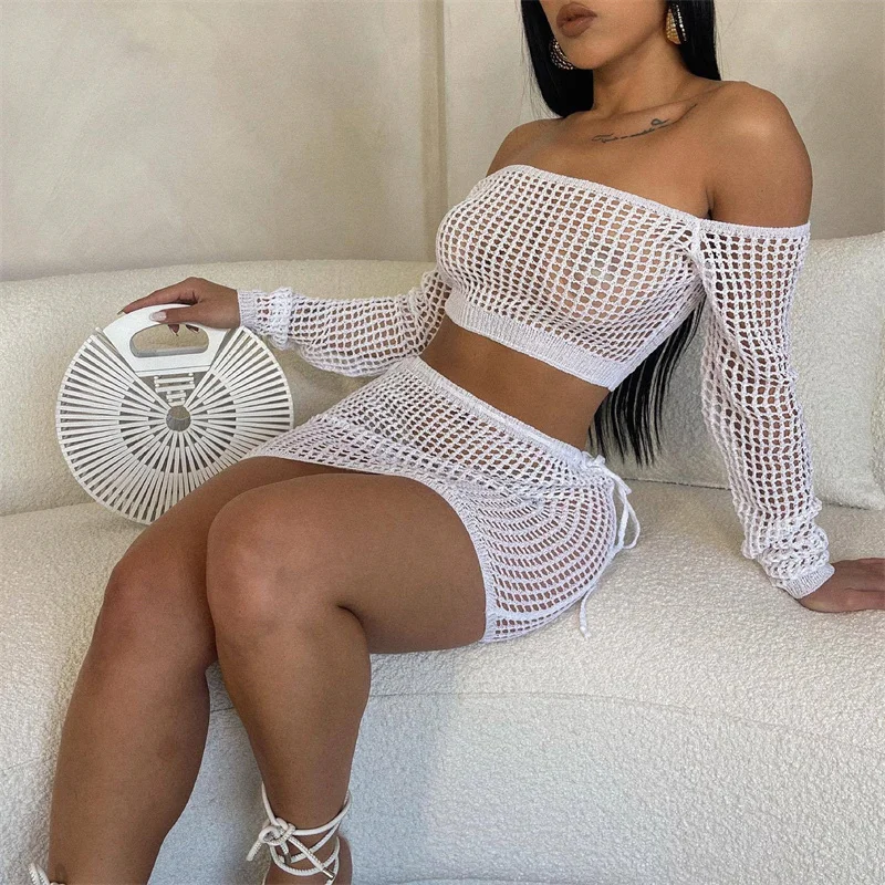 Hollow Out Knitted Women Sexy Two Piece Sets Off The Shoulder Long Sleeve Knit Crop Top and Drawstring Mini Skirts Beach Outftis