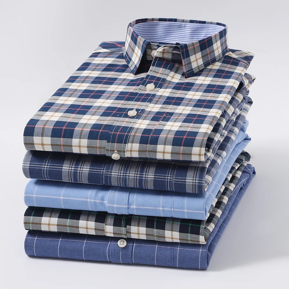 Men's Trendy Plaid Striped Lapel Collar Design Cotton Dress Shirts, Long Sleeve Casual Button Up Commuter Shirt For Spring/Fall