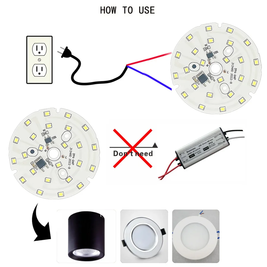 Puce LED pour spot lumineux circulaire, 3/5/7/9/12/15/18W, SMD 2835, AC 220/240V