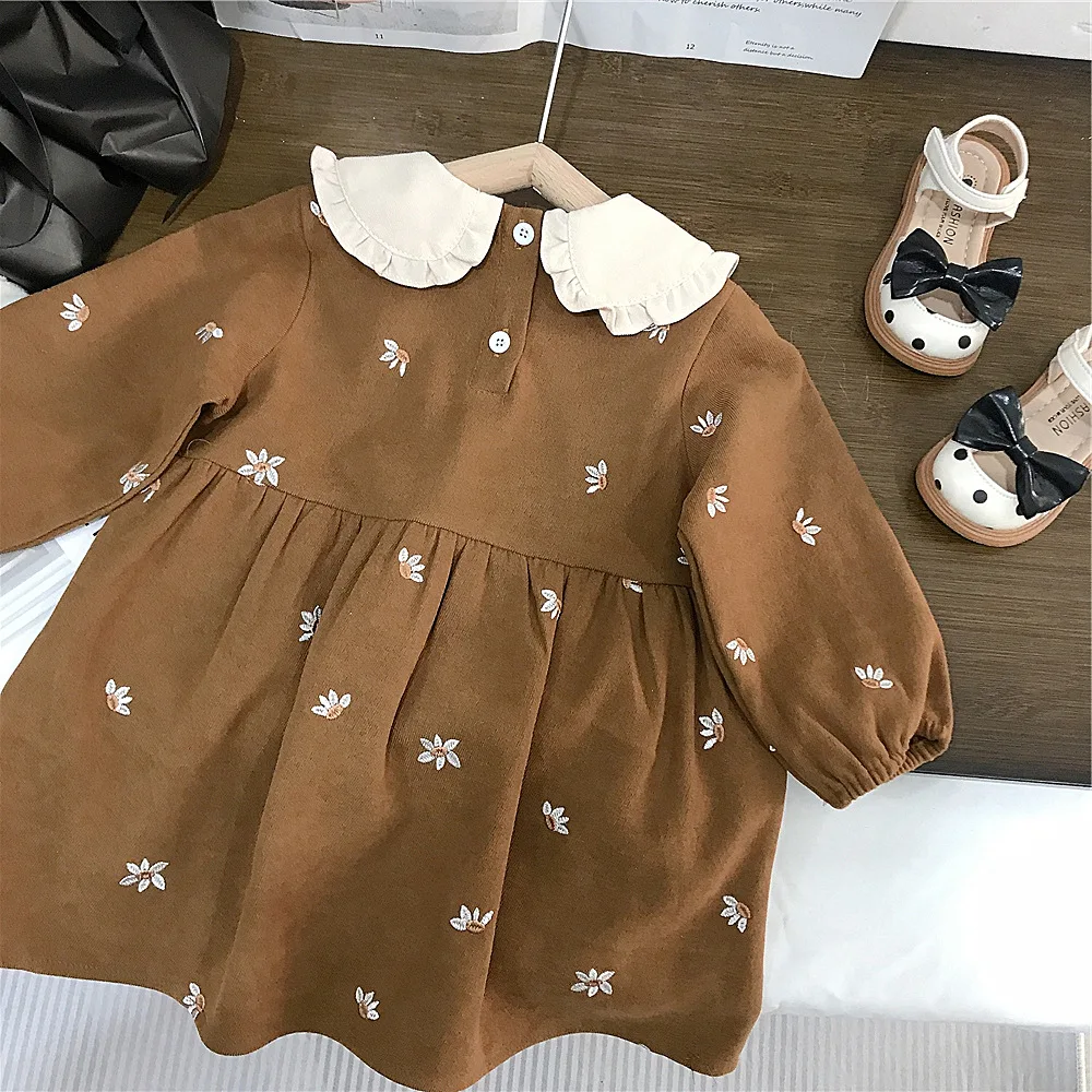 Fashion lace collar solid color dress for girls spring and autumn  long sleeved embroidered princess dress for baby girls