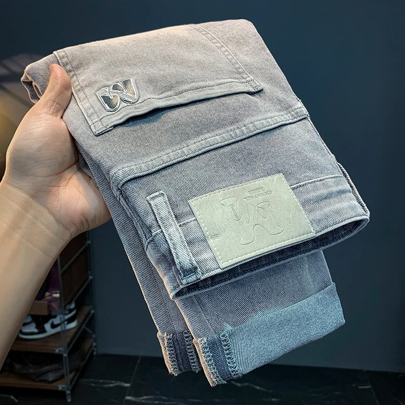 Celana jeans pria, celana pria kasual regang tipis matte putih slim-fit kecil lurus bercetak