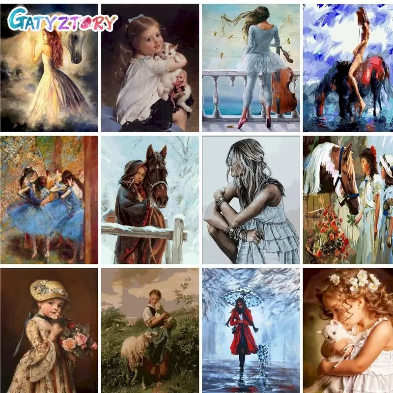 

GATYZTORY Modern Painting By Numbers Paint Kit Horse And Girl Picture Drawing For Adults Coloring By Numbers Canvas Painting Gif