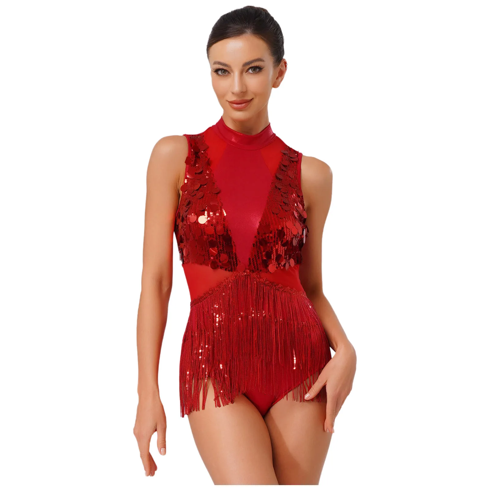 Women Tassel Latin Jazz Dance Leotard Sleeveless Shiny Sequin Bodysuit for Figure Skating Cha-cha Samba Rumba Tango Ballroom