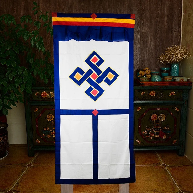 Tibetan Buddhist Door Curtain Handmade Cotton Fabric with Auspicious Knot Embroidery Hanging Decor