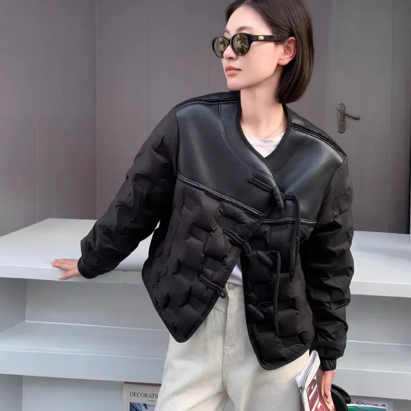 Jaqueta fina para mulheres, novo estilo de inverno, gola redonda, leve, patchwork, versátil, jaqueta curta elegante