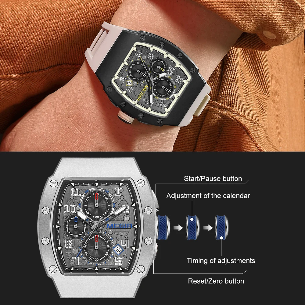 MEGIR-reloj analógico de acero inoxidable 316 para hombre, accesorio de pulsera de cuarzo resistente al agua con cronógrafo y correa de silicona