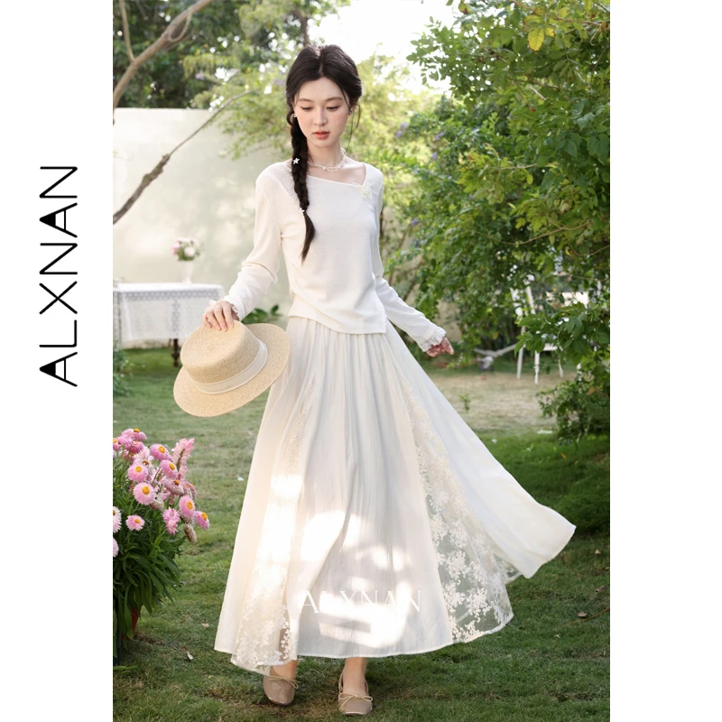 

Женская кружевная юбка ALXNAN 2026: Новая элегантная праздничная вышитая юбка А-силуэта с завышенной талией, пляжная повседневная миди-юбка L61511