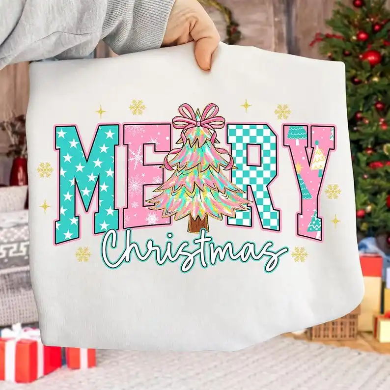 Merry Christmas Coquette Retro Pink Christmas Tree Hoodie Preppy Merry and Bright Checkered Xmas Autumn Long Sleeve Sweatshirts