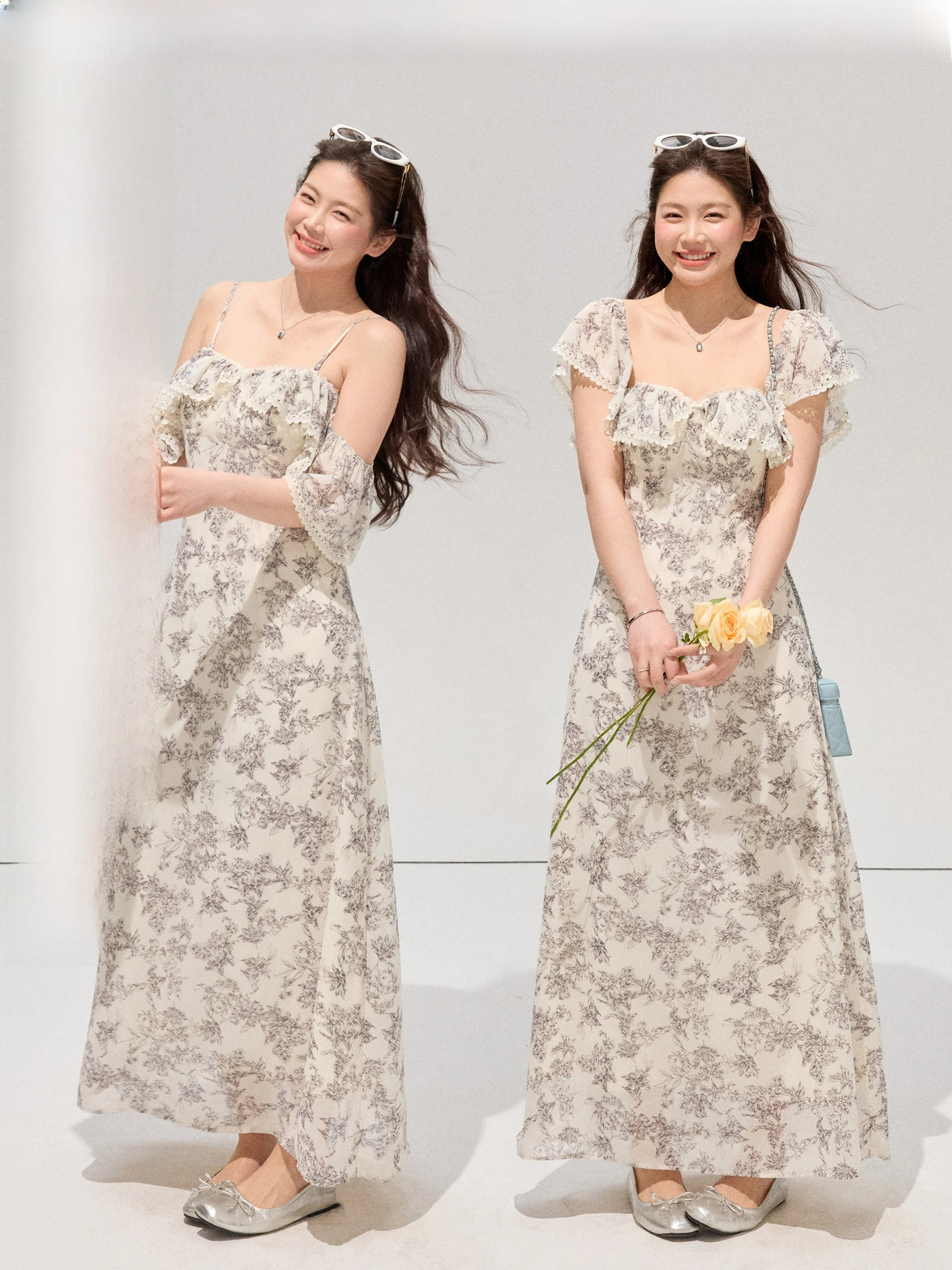 

Romantic Lace Trim Floral Print Dr plus Size Women's Summer Long Skirt Slimming Effect High Waist French Sle A-Line Dr