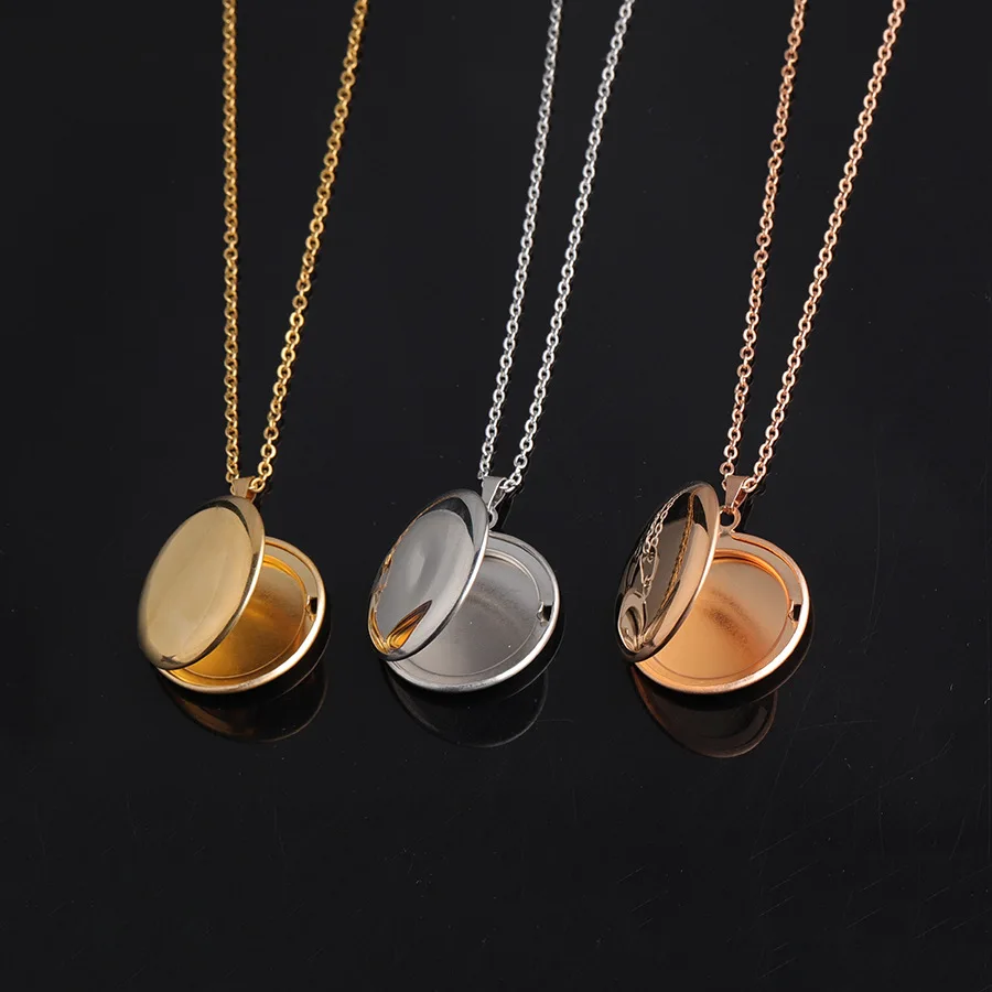 Mirror Polish Stainless Steel DIY Round Photo Picture Frame Locket Pendant Necklace for Women Fashion Jewelry