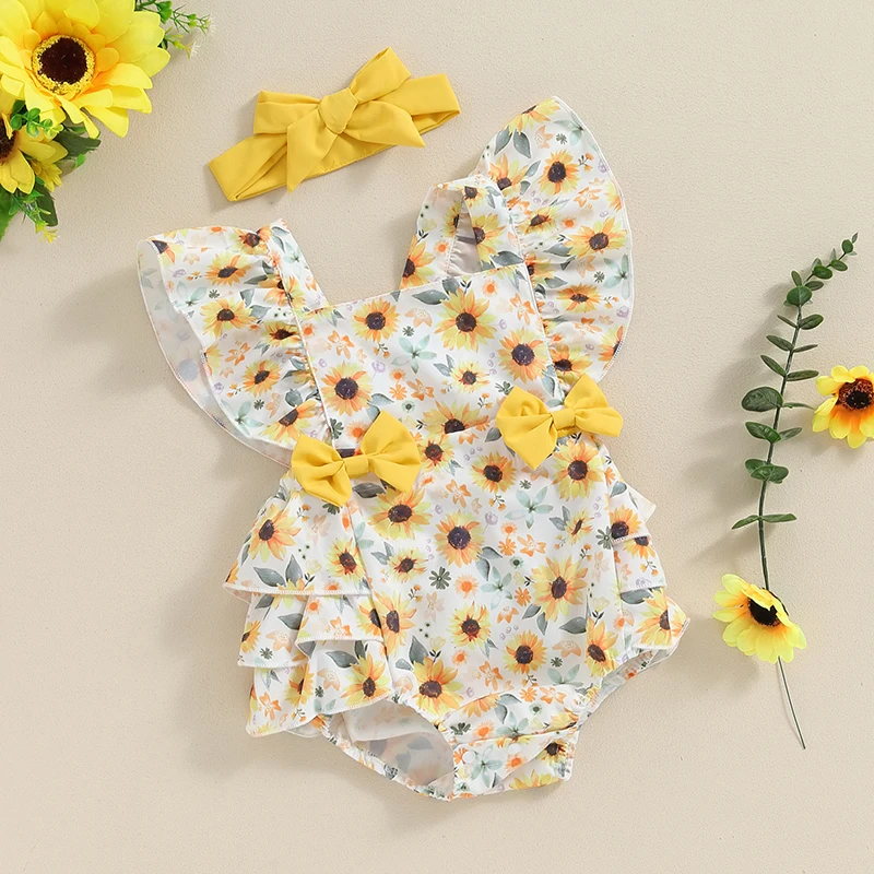 

Baby Girls Rompers Daisy Print Double Bowknot Fly Sleeve Ruffles Bodysuits Summer Clothes with Headband