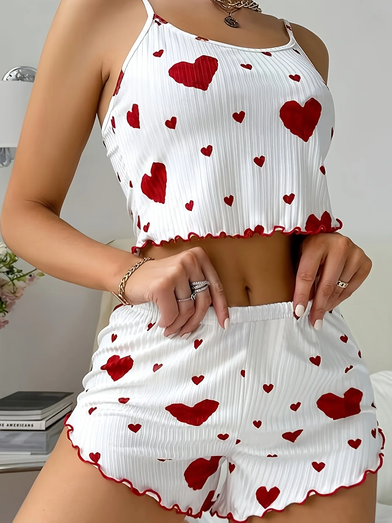 2PCS Women'S Two-Piece Sleepwear Set, Featuring a Camisole And Shorts with a Heart Design, Comfortable Loungewear for Casual Use