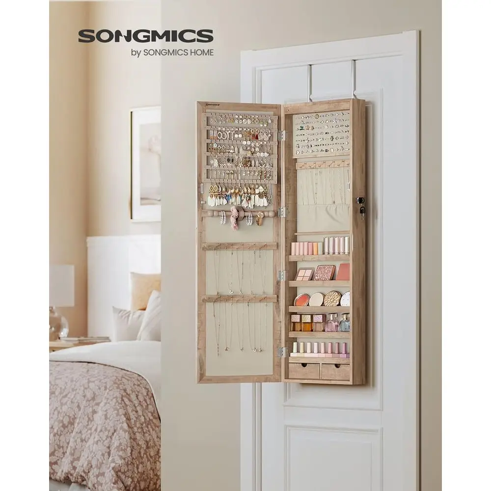 6 LEDs Mirror lry Cabinet, 47.2-Inch Tall Lockable Wall or Door Mounted lry Armoire Organizer with Mirror, 2 Ders, 3.9 x 14.6 x