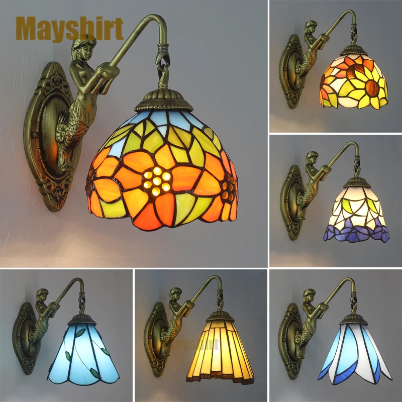 

Tiffany Mermaid Wall Lamp Vintage Stained Glass Wall Sconce Living Room Decoration Bedroom Bathroom Mirror Light Indoor Lighting