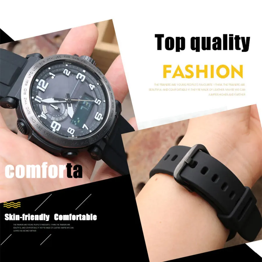 24mm Black Rubber Watch Strap for Casio PRG-600/600Y Wachband PRW-6600 Watch band 24mm Casio Belt Uhrenarmband Waterproof