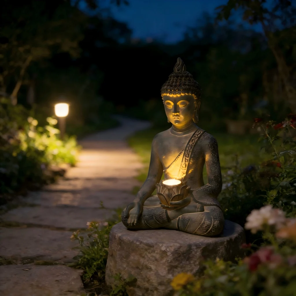 For Outdoor Patio Yard Lawn Ornaments Buddha Statue with Solar Light Home Garden Decor Sitting Meditating Buddha Figurines