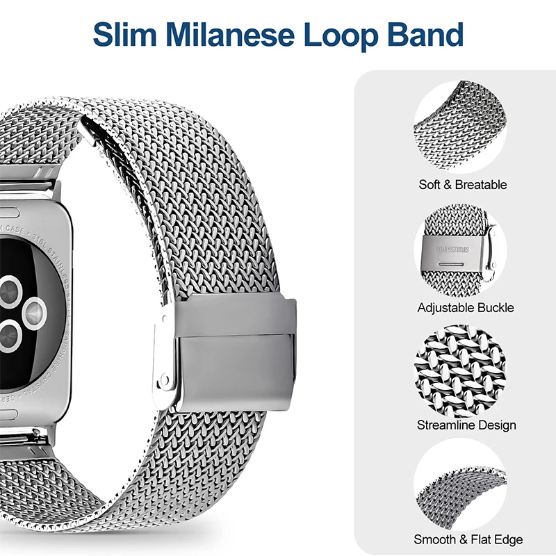 Stainless Steel for Apple Watch Band 38/40/41/42//44/45/49mm Milanese Strap for Apple Watch Ultra 2 SE Series 9 8 7 6 5 4 3 2 1