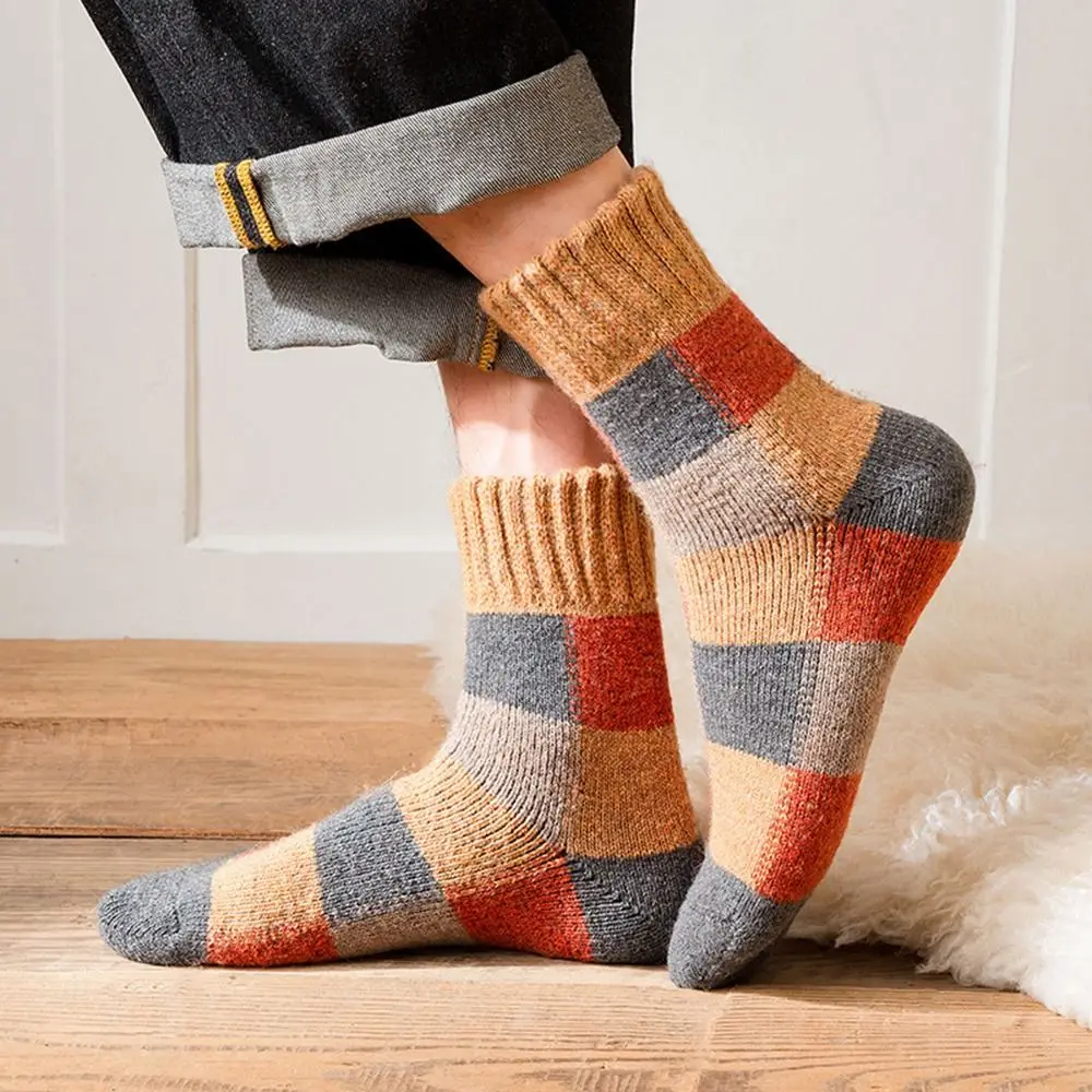 Vintage Lattice Wool Socks Men Winter Thicked Warm Plush Socks Middle Tube Socks Casual Towel Socks Male Hosiery