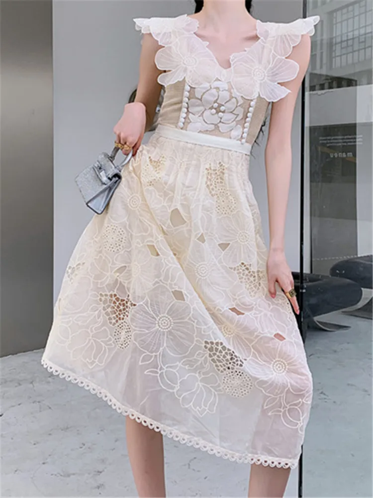 Lace 2022 Sundress Women Party Backless Dress Runway Summer Sleeveless Beach Boho Sexy Embroidery Solid Woman Dresses Vestido