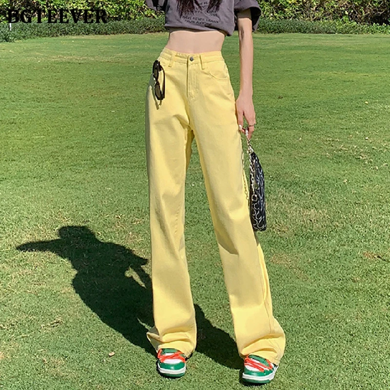 

BGTEEVER Chic Cotton Ladies Wide Leg Denim Pants Casual High Waist Loose Pockets Women Long Jeans Trousers