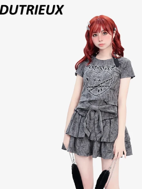 

Japanese Style Short Skirts for Women Fashion Double Layer Cake Casual Skirt Bow Hole Wasteland Sweet Wind Cute Y2k Subculture