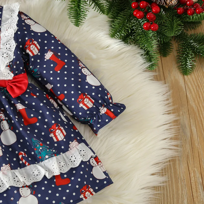 1-4T Toddler Girls Christmas Blue Dress  Snowman Print Round Neck Long Sleeve Lace Bow Decorated Ruffled A-Line Dress