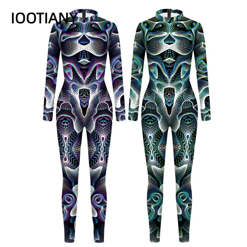 

Cosplay Women Cosplay Fancy Sexy Jumpsuit Abstract Geometry Print Festivals Party Long Sleeve Bodysuit Jumpsuits monos mujer