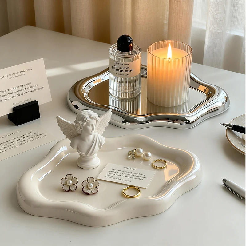 Mirror Silver Wavy Cloud ABS Jewelry Tray Irregular Wave Trinket Dish For Cosmetic Rings Watch Bedroom Vanity Table Decor