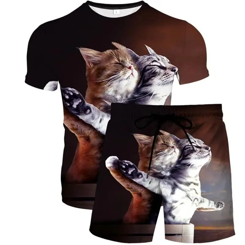

2025 Funny Cat 3D Printed Men's and Women's T-shirt and Beach Shorts Casual Two-piece Set Summer Sports Set Street Wear