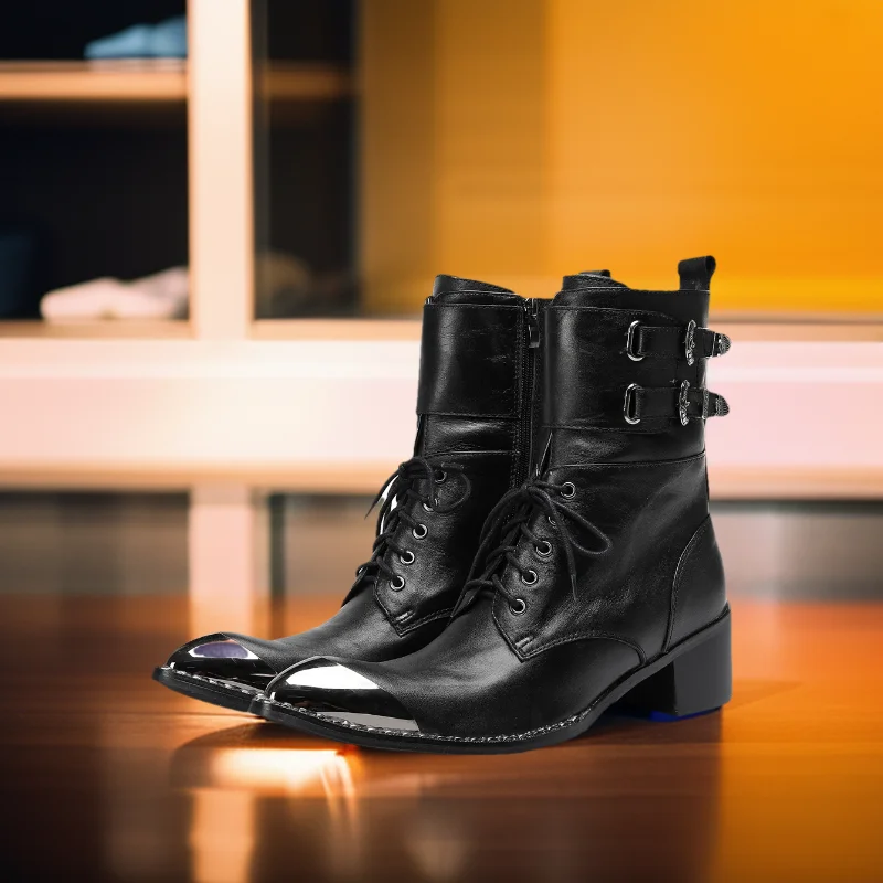 Schwarze Gürtelschnalle Weiches Leder Knöchel Herren Stiefel Westernstiefel Herren Spitzschuh Cowboy Schuhe Party Bota Masculina Herren, Große Größen – Detail 6