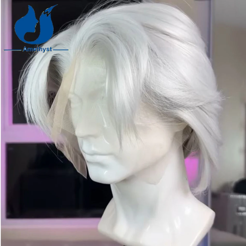 Amethyst Silver Platinum Blond Wolf Cut Short Bob Human Hair Wig for Men 13x4 Lace Front Brazilian Remy Wig Ashy #60 Layered