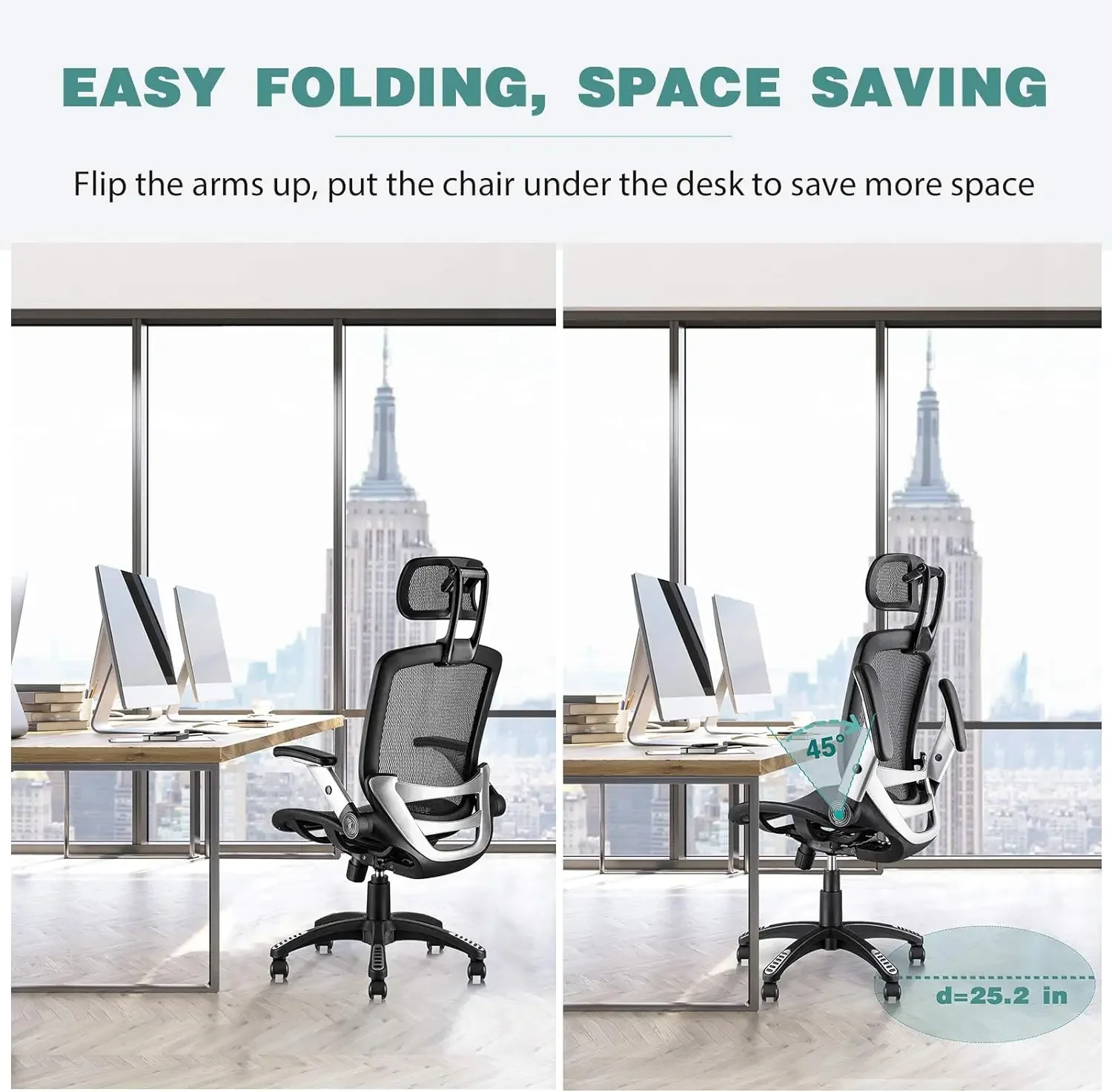 Cadeira ergonômica Mesh Office, encosto de cabeça ajustável com braços flip-up, função de inclinação, apoio lombar e rodas PU