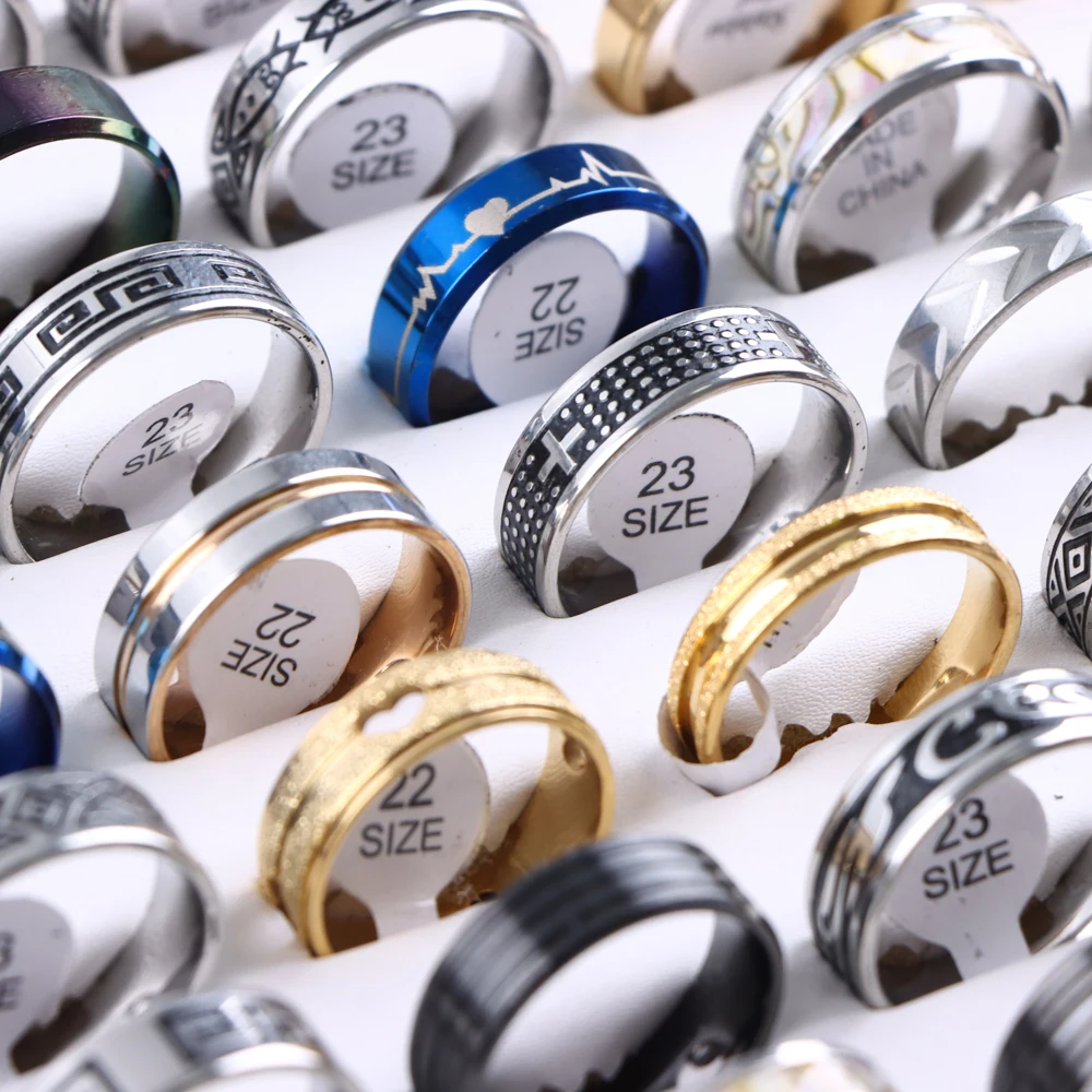 20Pcs/Lot Fashion Stainless Steel Stripe Rings For Men Mix Style Large Size 22-23 Party Gift Jewelry