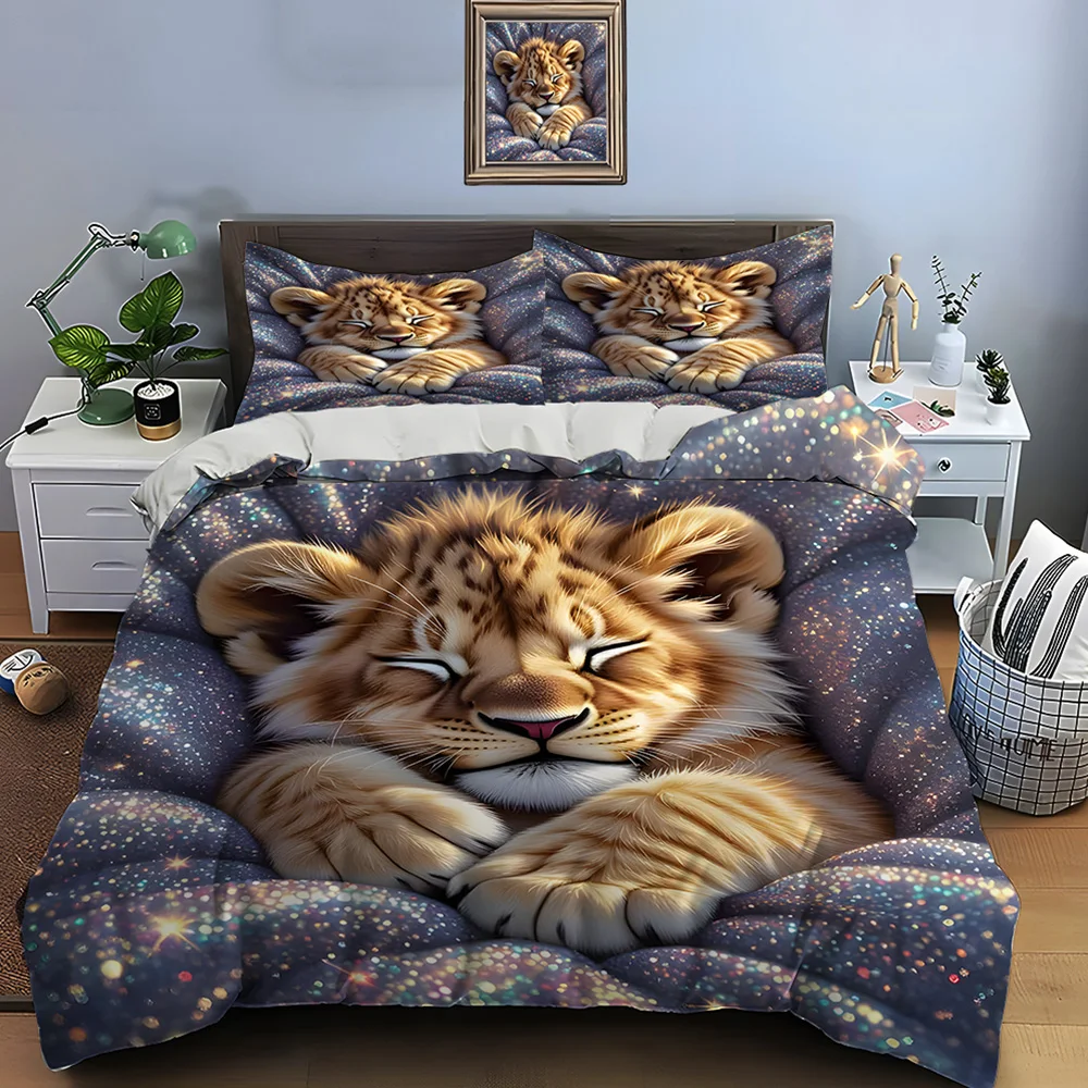 Sleeping lion cub in sparkling starlight Bedding Set for Kids Luxury Gift 3pcs Digital Print Comforter Set Soft Comfortable