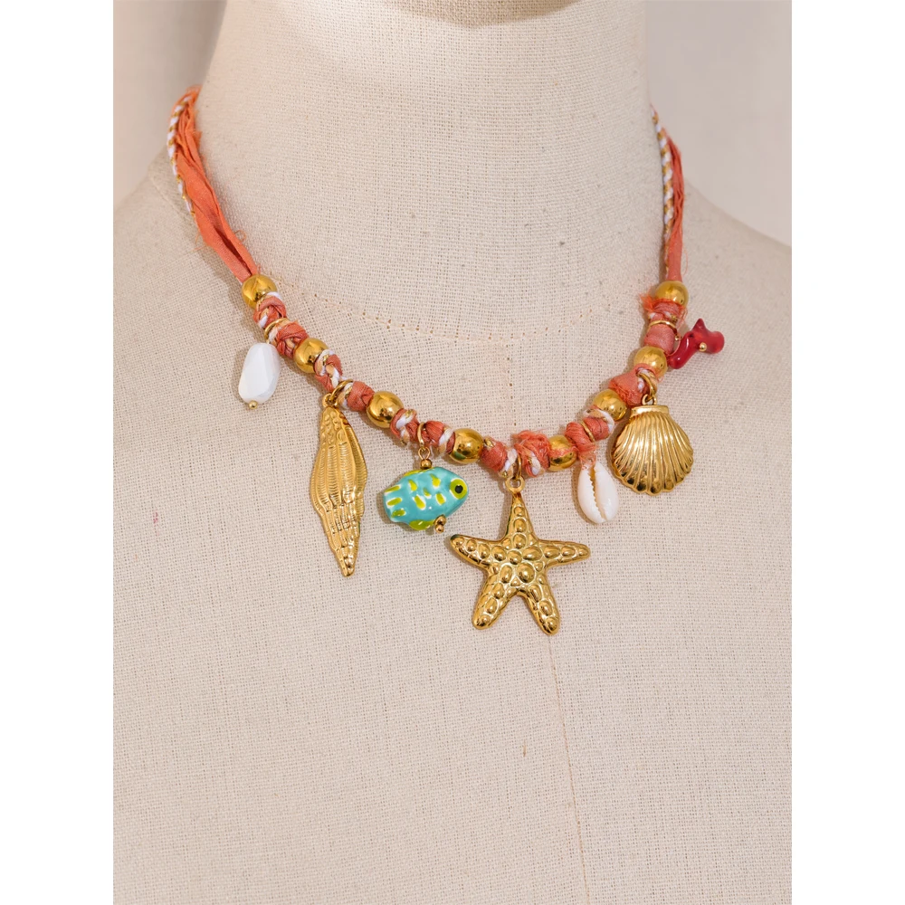 Yhpup Fashion Red Rope Braided Handmade Necklace Drop Ceramic Shell Conch Starfish Stainless Steel Popular Jewelry Gift