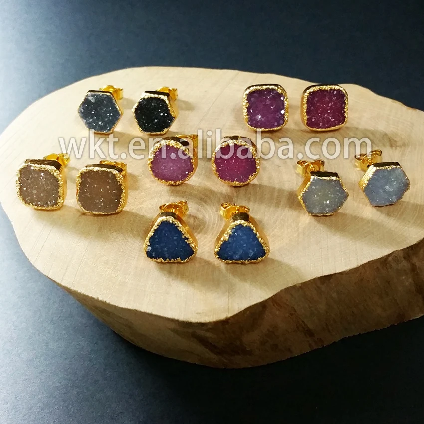 

WT-E125 Hot Sparkly Natural Stone Studs With 24k Gold Electroplated Resist Tarnishable Geometric Shape For Women Jewelry
