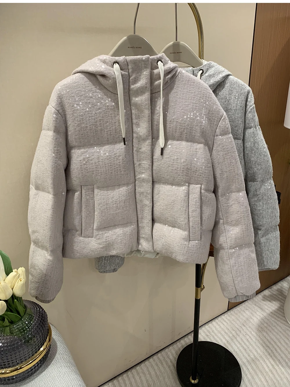 Heavy Sequined Cashmere Knitted Goose Down Jacket For Women With Hood, All-Match, Loose, Light And Warm Down Jacket