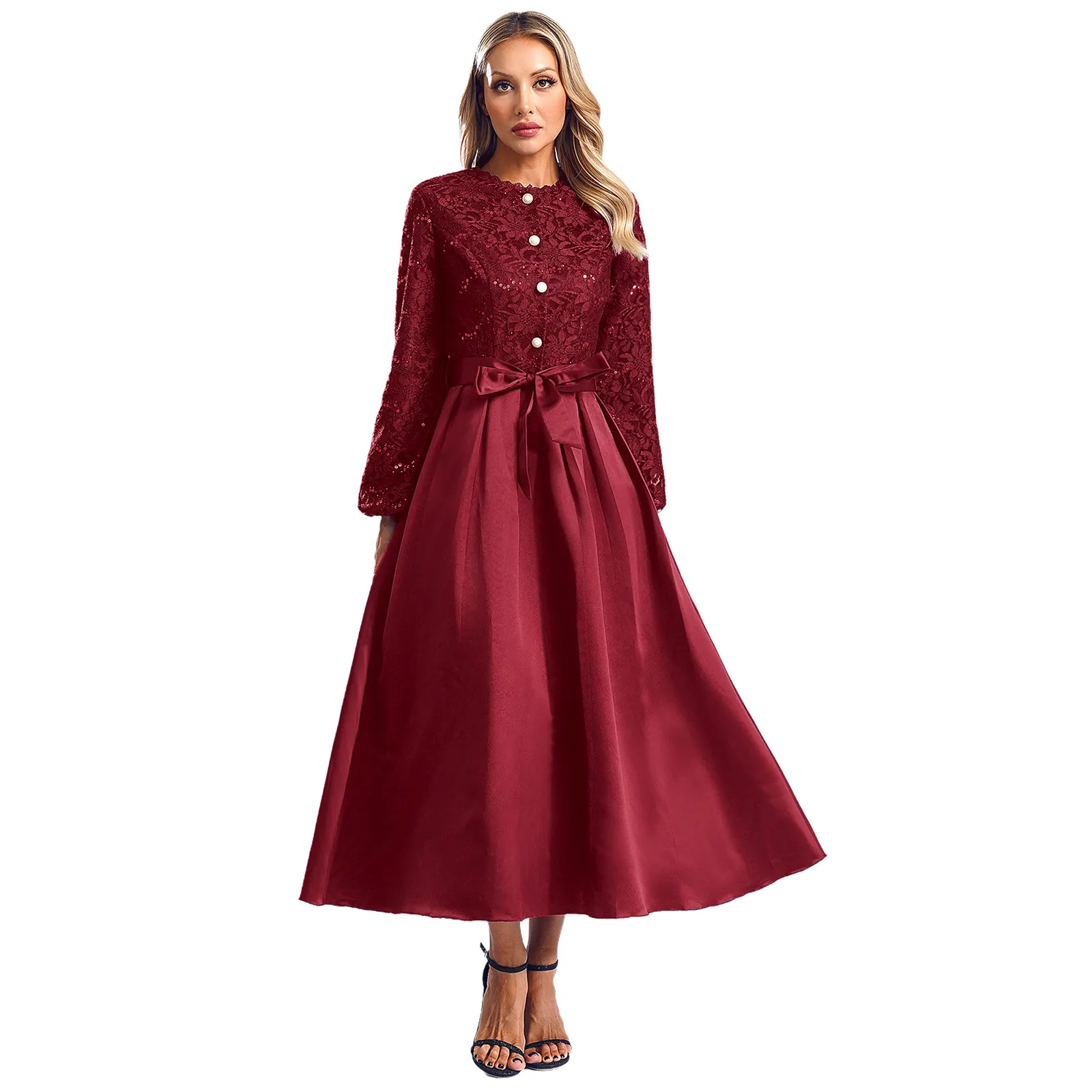 Evening Vestidos De Festa Women Elegant Dress Retro Vintage Long Sleeve Mid-length Dress for Party Daily Wear Formal Occasions