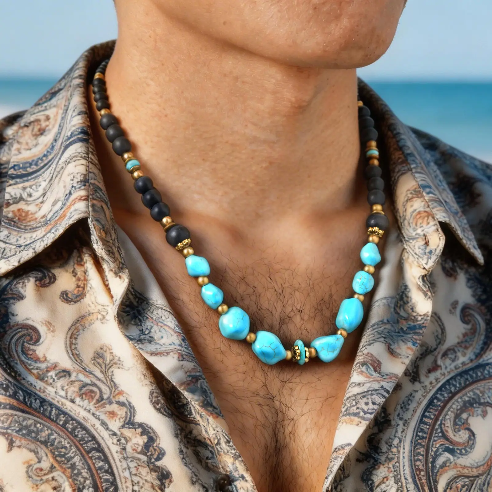 Vnox Natural Stone Beaded Necklace for Men Women, Black Onyx Turquoise 45-50cm Adjustable Chain Boho Trendy Jewelry Gifts Unisex