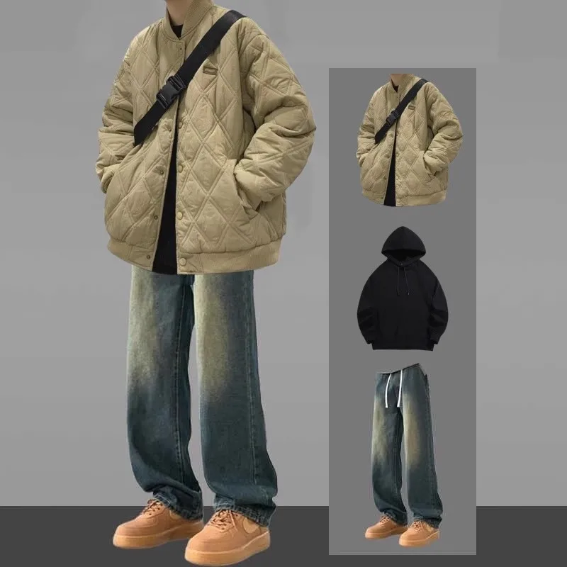 

Мужской хлопковый спортивный костюм с ромбовидным узором: свободная футболка и джинсовые брюки для зимы