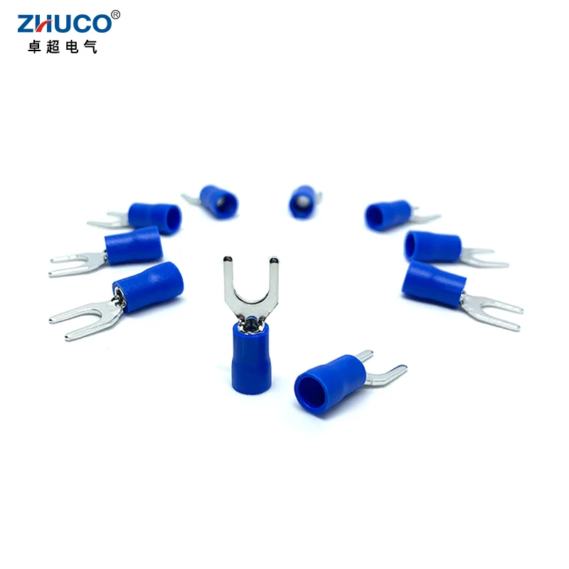 100pcs SVS2-5 PVC Copper Cold-pressed Fork-shaped U-type Pre-insulated Terminal Block Y-type End AWG16-14 Crimp Connector
