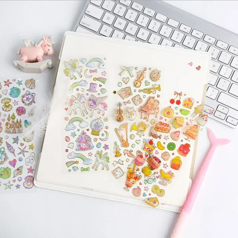 Gold Foil Transparent Stickers 10 Designs - Dress Cosmetics Shell Conch Music Note Bird Clover Scrapbook Diary Decals
