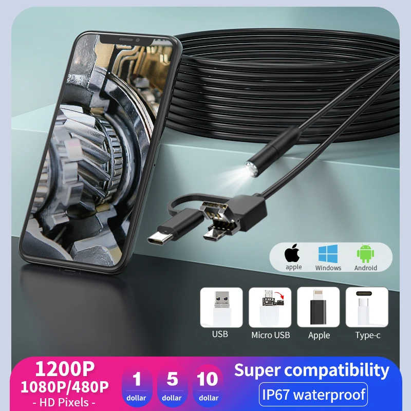 Pipeline Endoscope 480P/1080P/1200P Camera Suitable For 5.5mm/8mm Android Three-in-One iPhone Inspection Pipe Car Endoscope