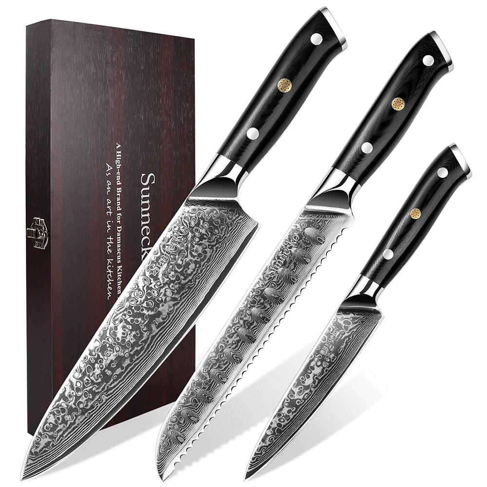 Sunnecko Damascus Chef's Knives Set Wooden Gift Box Packed Kitchen Knife High Carbon VG10 Core Steel Meat Cutting Knife Tools