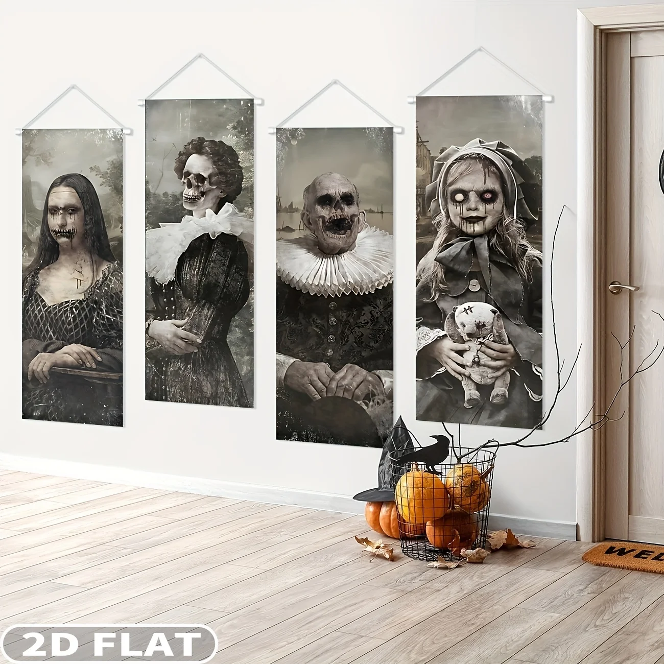4pcs Halloween Banner Ghost Images, Gothic Villa Portrait Background, Retro Halloween Portraits Backdrop, Female Skull Ghost