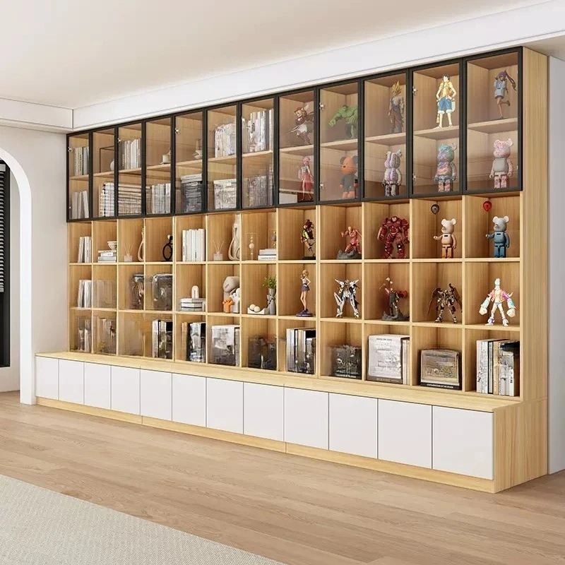 

Stool bookcase solid wood glass door home library whole wall combination living room storage