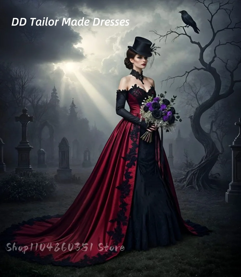 Vampir-Gothic-Hochzeitskleid, dunkelrot, mit schwarzer A-Linie, lange Brautkleider, schulterfrei, volle Ärmel, Spitzenapplikationen, individuell gestaltet