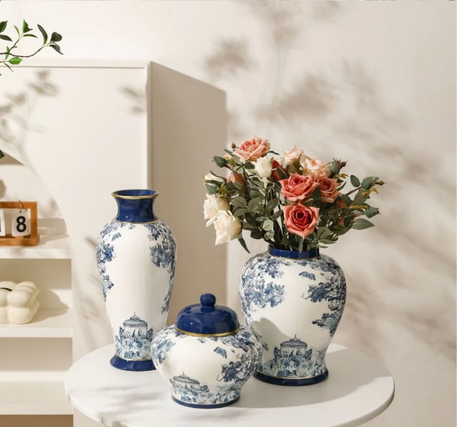 

New Chinese Blue and White Porcelain Ceramic Vase Designer Soft Decoration Living Room Decoration Hotel Model Room Decoration Va