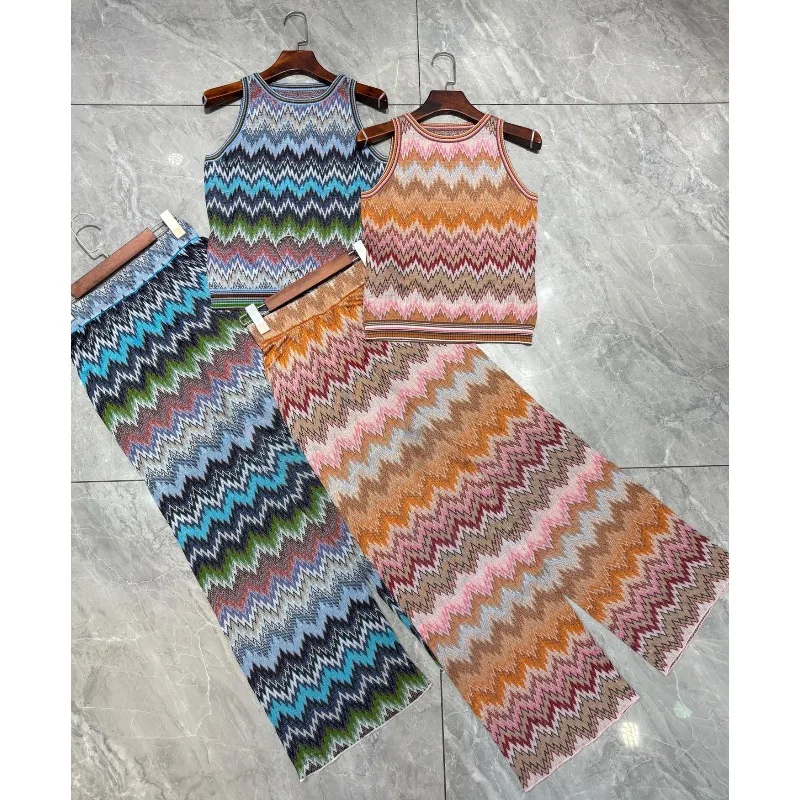 Striped Knit Series Pants Set for Women 2026 Summer New Metallic Print Vest + Straight Slim Fit Pants 2-Piece Set High-End view 2