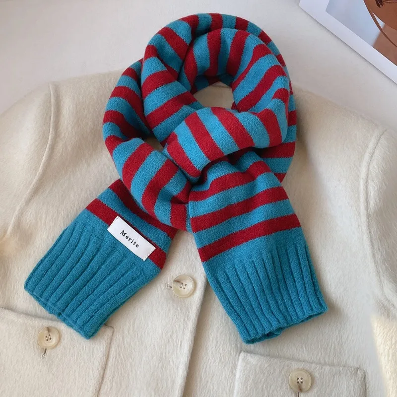 

Korean Retro Striped Women Scarf Double-Layer Knitted Warm Scarves College Stylish Muffler British Simple Chic OL Female Wrap